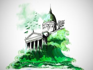 Ilustración del congreso entre olas de color verde